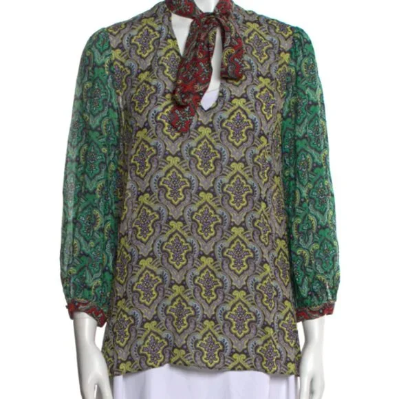 Alice Olivia Top M Sheila Blouson Tie Neck Bow Paisely Boho 3/4 Slv Career Sheer - Picture 3 of 5